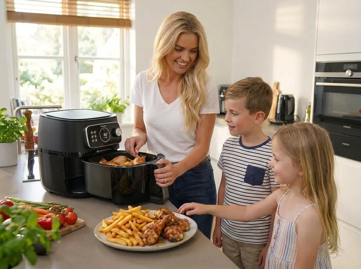Woman and children cooking Philips Airfryer XXL